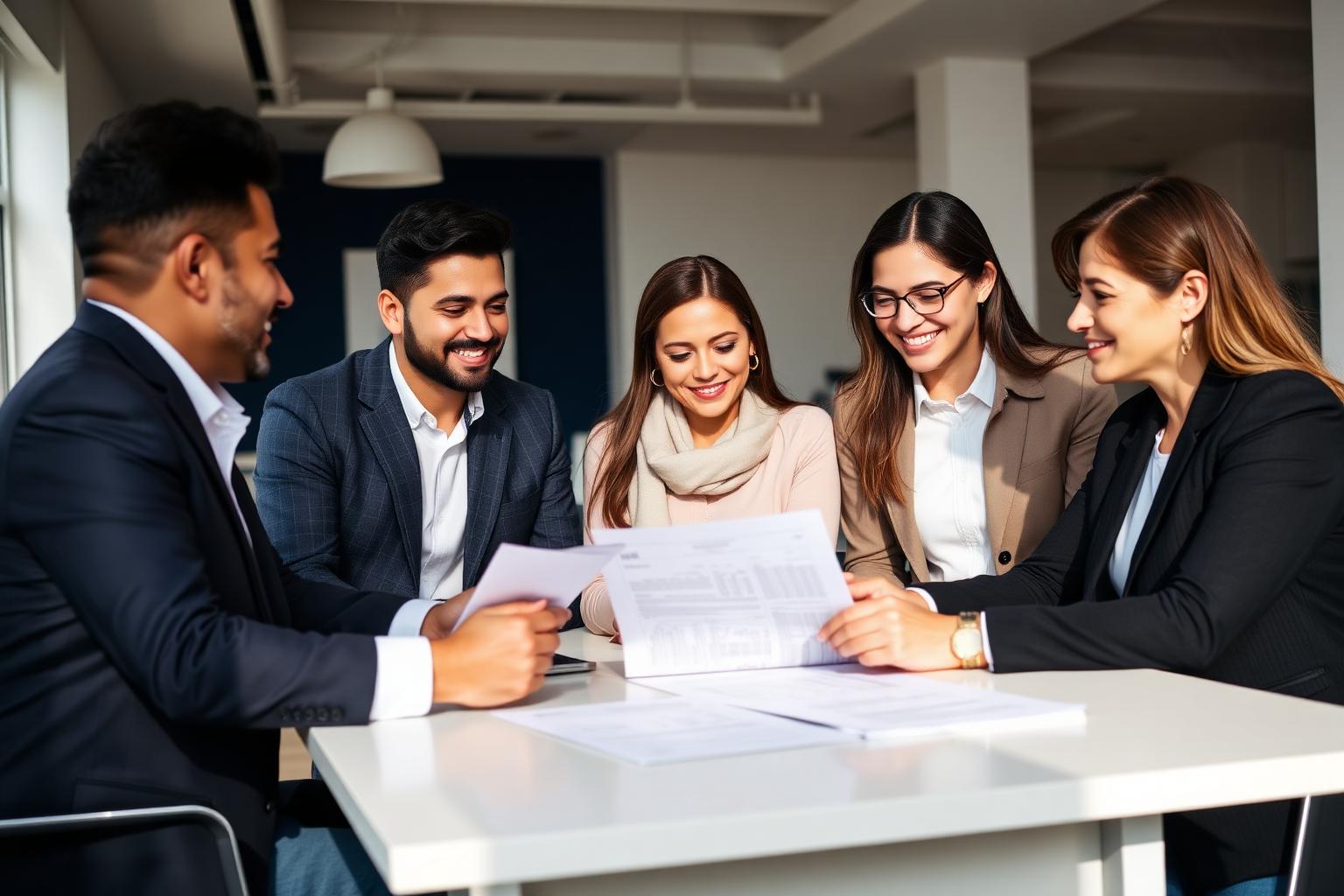 Asesores hispanos atendiendo a familia con sus impuestos